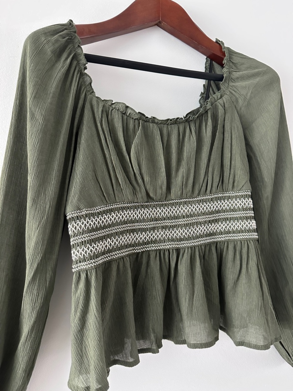Francesca's Collections Olive Peasant Blouse with Smocked Waist - Picture 3 of 10